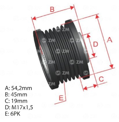 POLIA RODA LIVRE ALTERNADOR (6PK - 06 VIAS)  FORD ECOSPORT 1.5 TDCI 2011>/EDGE 2.0 2014>/MONDEO 2.0 2014>/TRANSIT 1.5 2013>/TRANSIT 2.0 2012>