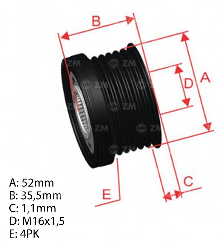 POLIA RODA LIVRE ALTERNADOR (4PK - 4 VIAS)  RENAULT KWID  - ZM-96.001.33 - autopeca ZM - COMPONENTE da ITAPIR
