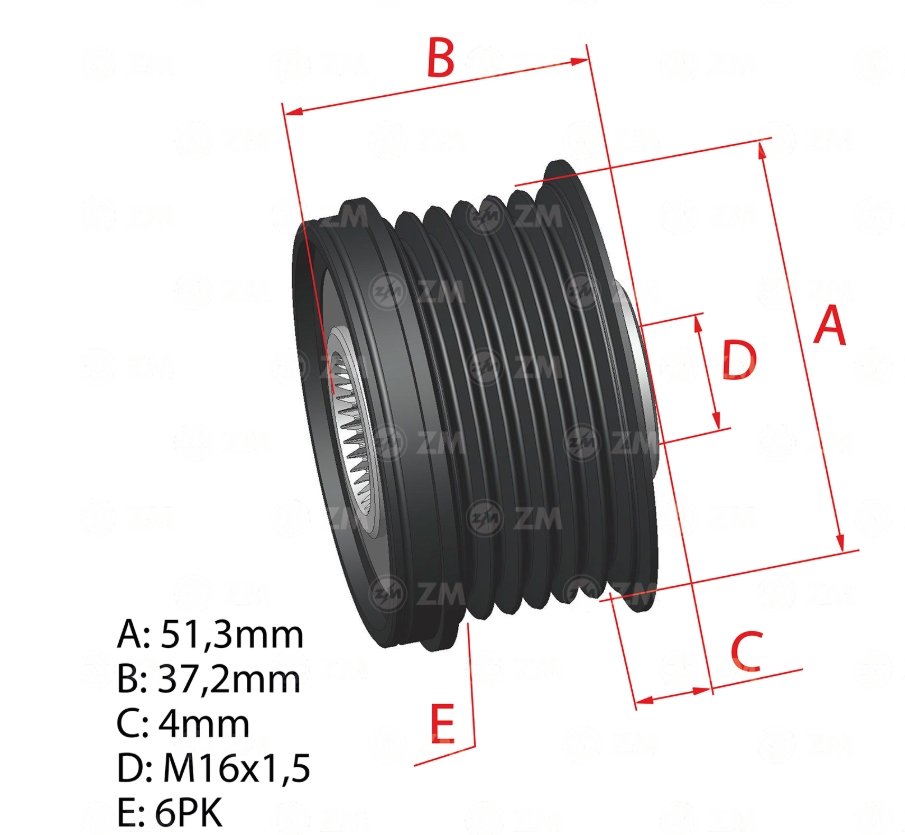 POLIA RODA LIVRE ALTERNADOR (6PK - 06 VIAS)  GM CAMARO 3.6L V6 2010>2012/CAPTIVA 4WD 2010>/EQUINOX 3.0L V6 2012> - ZM-96.012.63 - autopeca ZM - COMPONENTE da ITAPIR